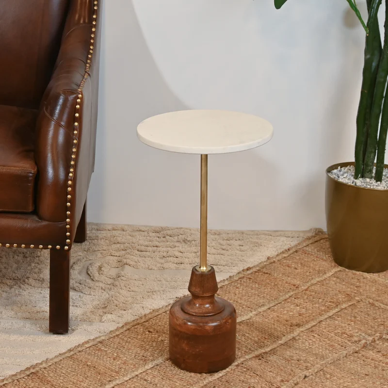 Home Carving Wooden White Marble Round Side Table